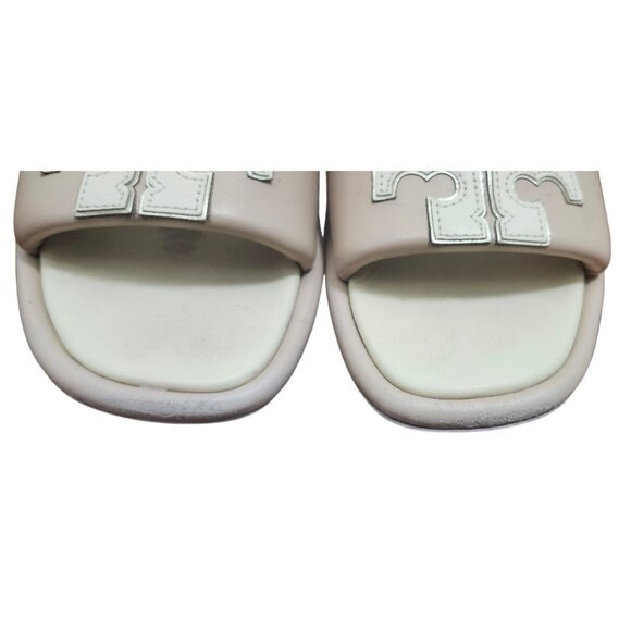 Tory Burch Women Leather Slide Sandals Double T Logo Beige Cream Flat Slip On 10 - Picture 4 of 12